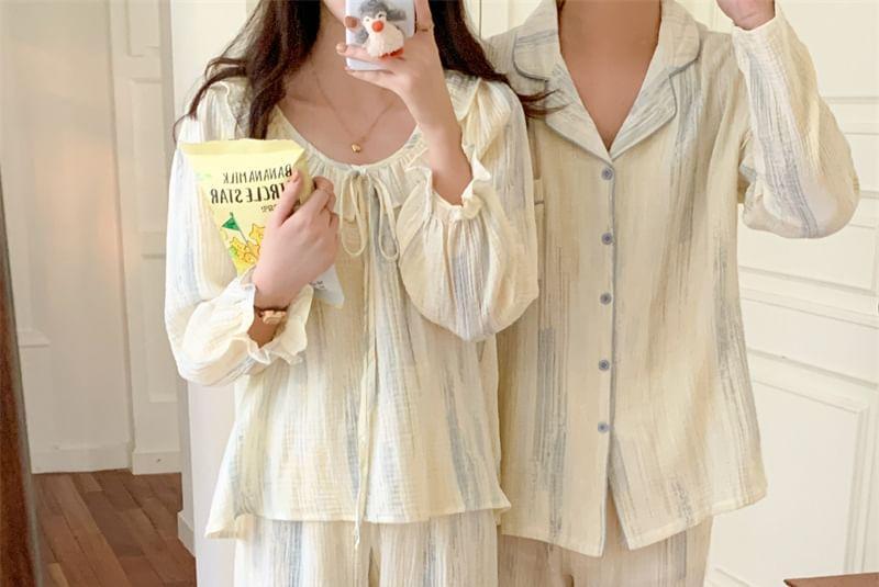 Couple Matching Long Sleeve Scoop Neck Patterned Print Ruffle Pajama Blouse / Collared Shirt / Straight Leg Pants / Pajama Dress / Set (Various Designs) Product Image