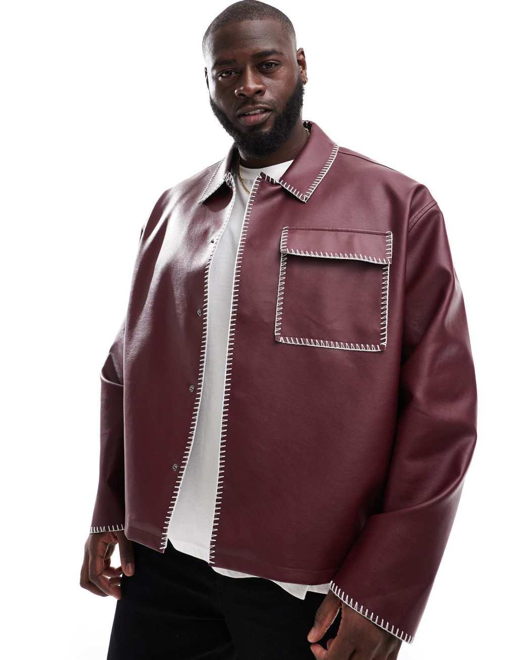 ASOS DESIGN faux leather harrington jacket with contrast stitch in burgundy Product Image