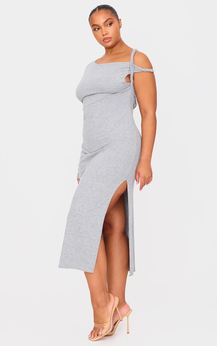 Plus Grey Marl Asymmetric Twist Shoulder Soft Touch Midi Dress Product Image