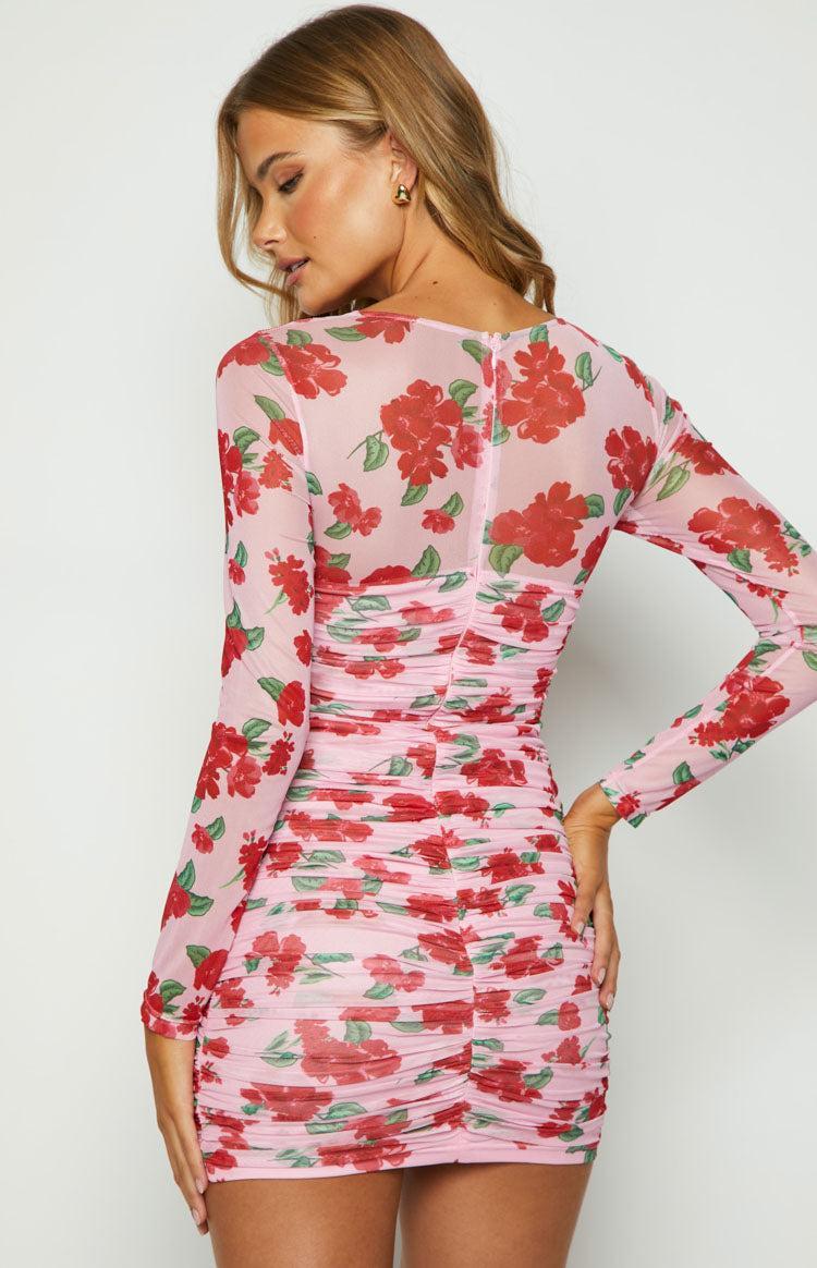 Estee Pink Print Long Sleeve Mesh Mini Party Dress Product Image