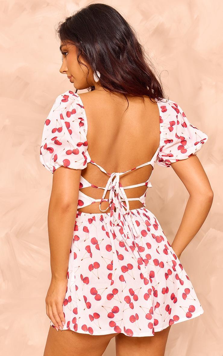 Petite White Backless Cherry Print Romper Product Image