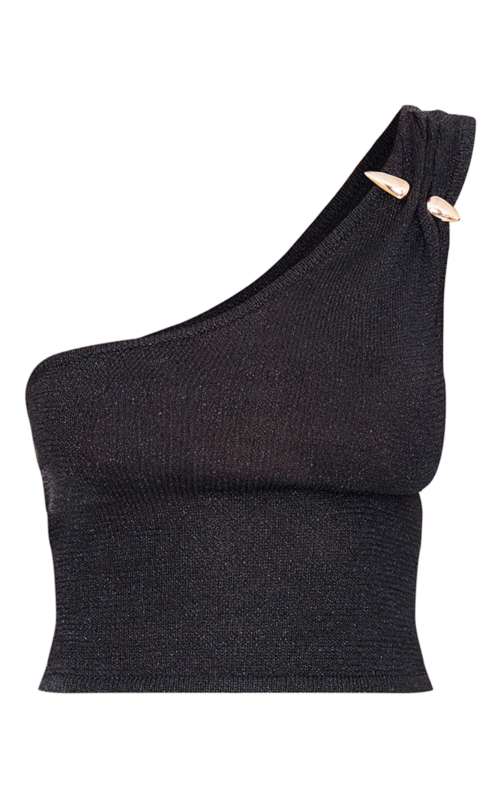 Black Lurex Knit Trim Detail One Shoulder Top Product Image