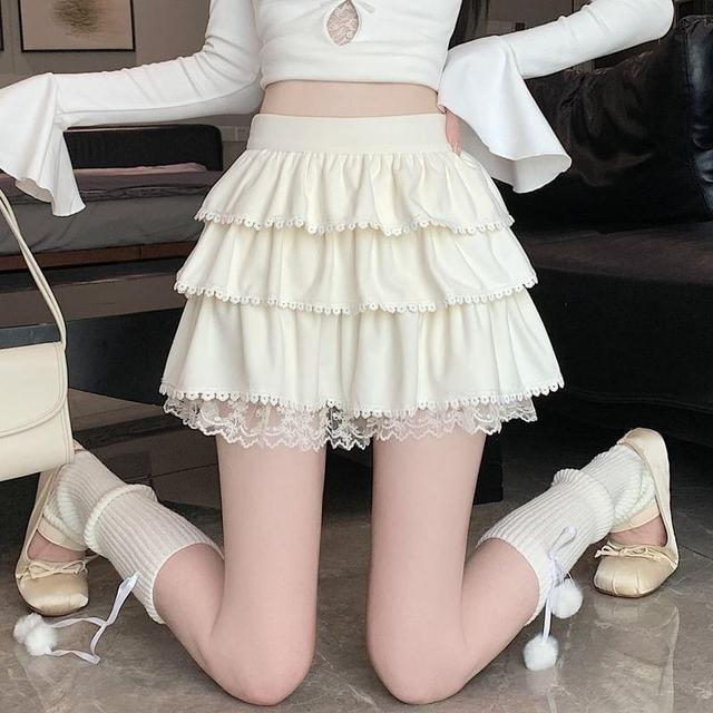 High Rise Plain Tiered Lace Trim Mini A-Line Skirt Product Image