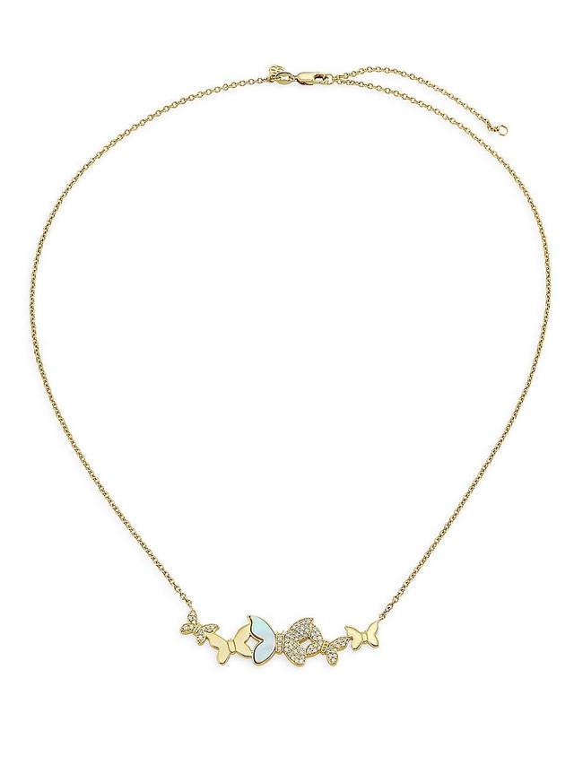 Womens 14K Yellow Gold, Mother-of-Pearl & 0.276 TCW Diamond Small Butterfly Cluster Pendant Necklace Product Image