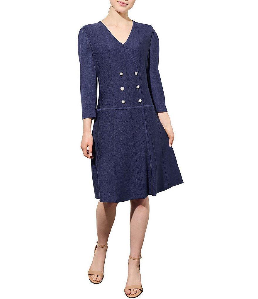 Ming Wang Soft Knit Pearl Button Detail V-Neck 3/4 Puff Sleeve A-Line Dress Product Image