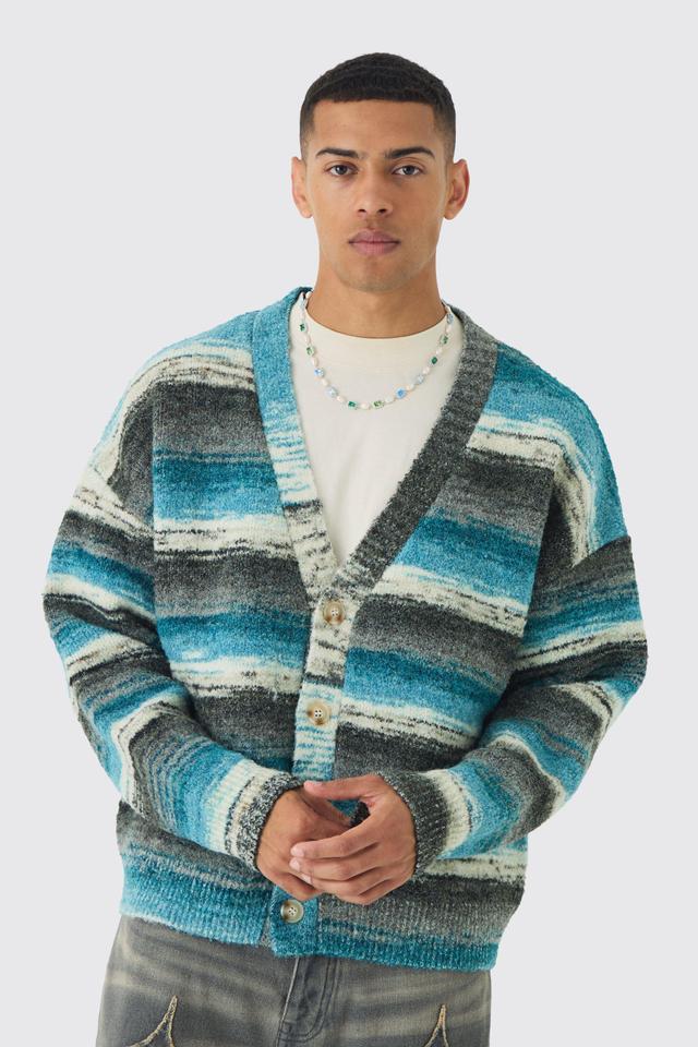 Oversized Boxy Abstract Stripe Knitted Cardigan | boohooMAN USA Product Image