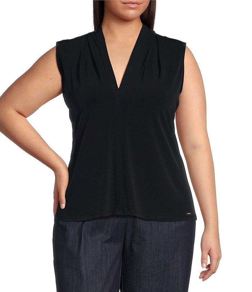 Calvin Klein Plus Size Matte Jersey V-Neck Shoulder Pleat Sleeveless Top Product Image