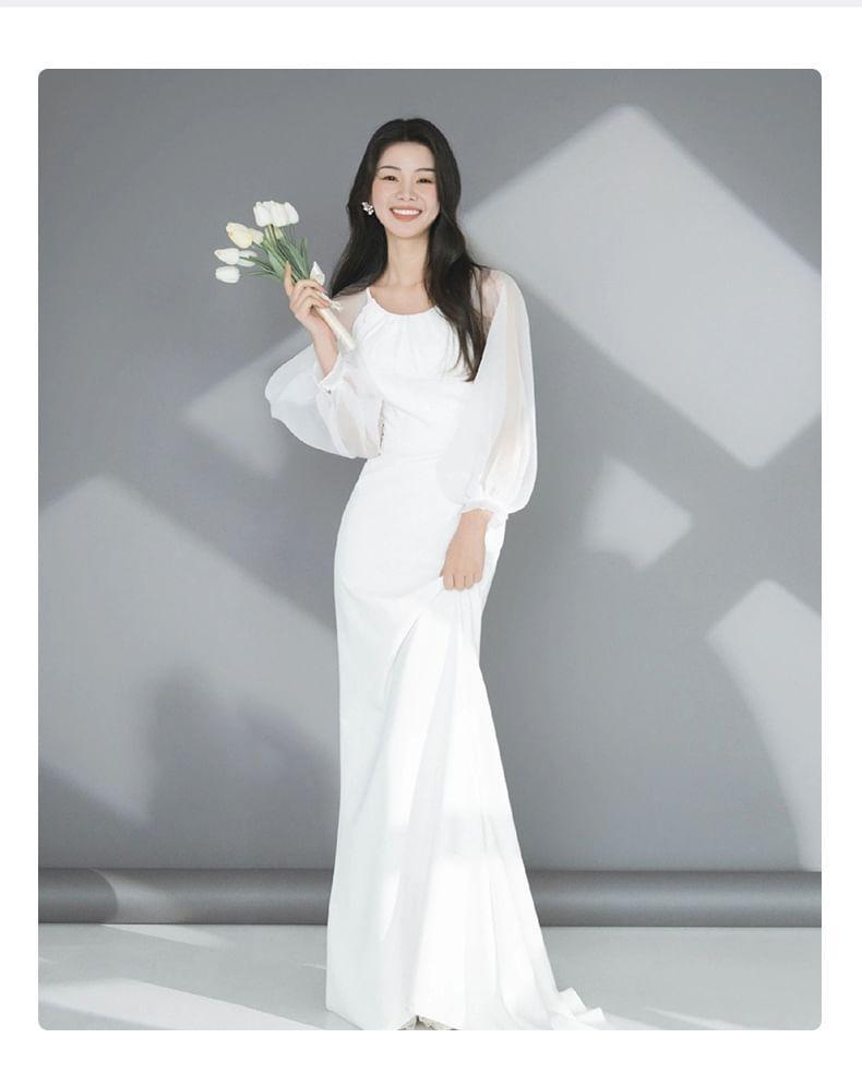 Long-Sleeve Plain Sheath Wedding Gown Product Image