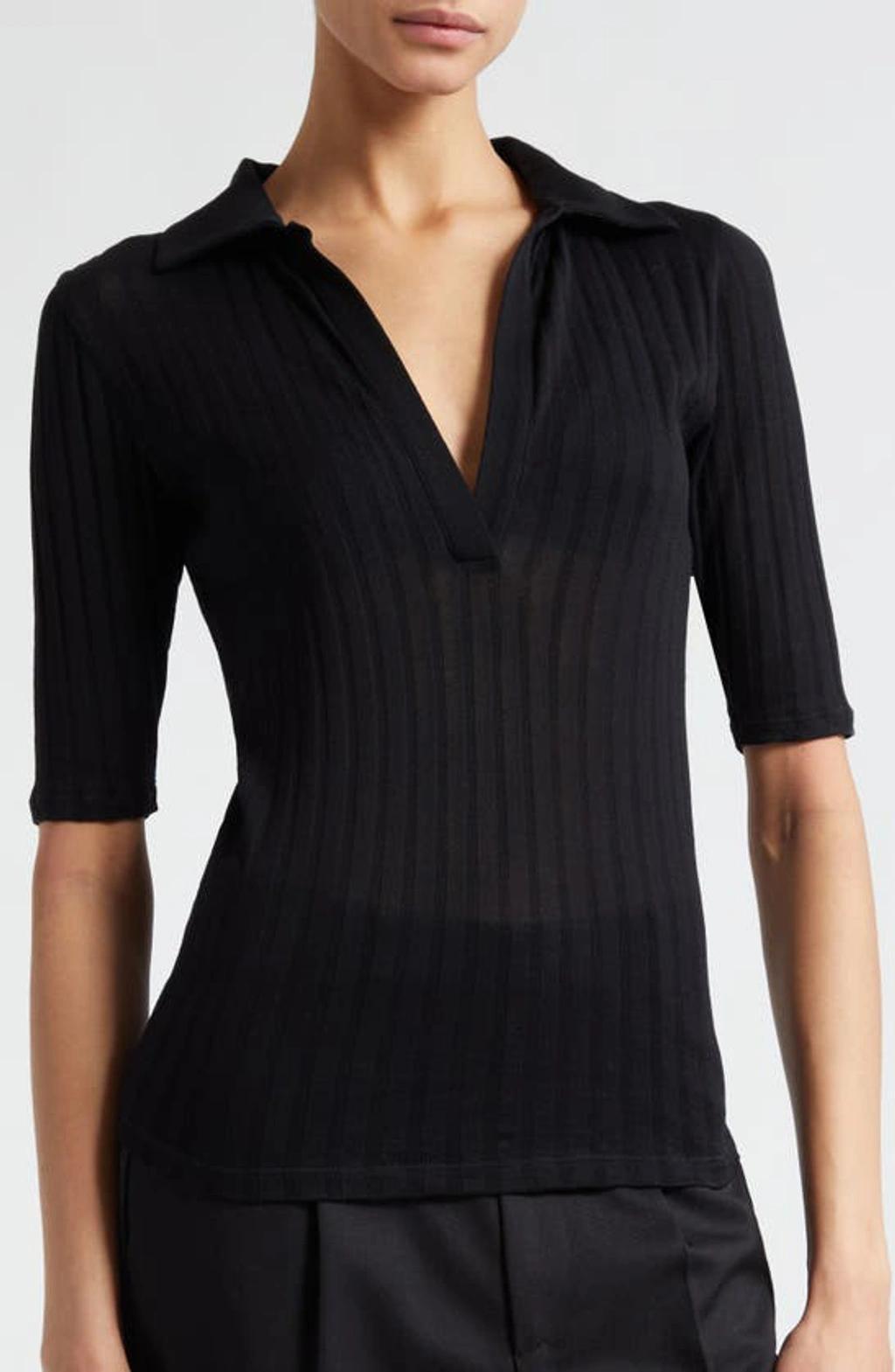 Elbow-sleeve Silk Rib Polo Shirt In Black Product Image