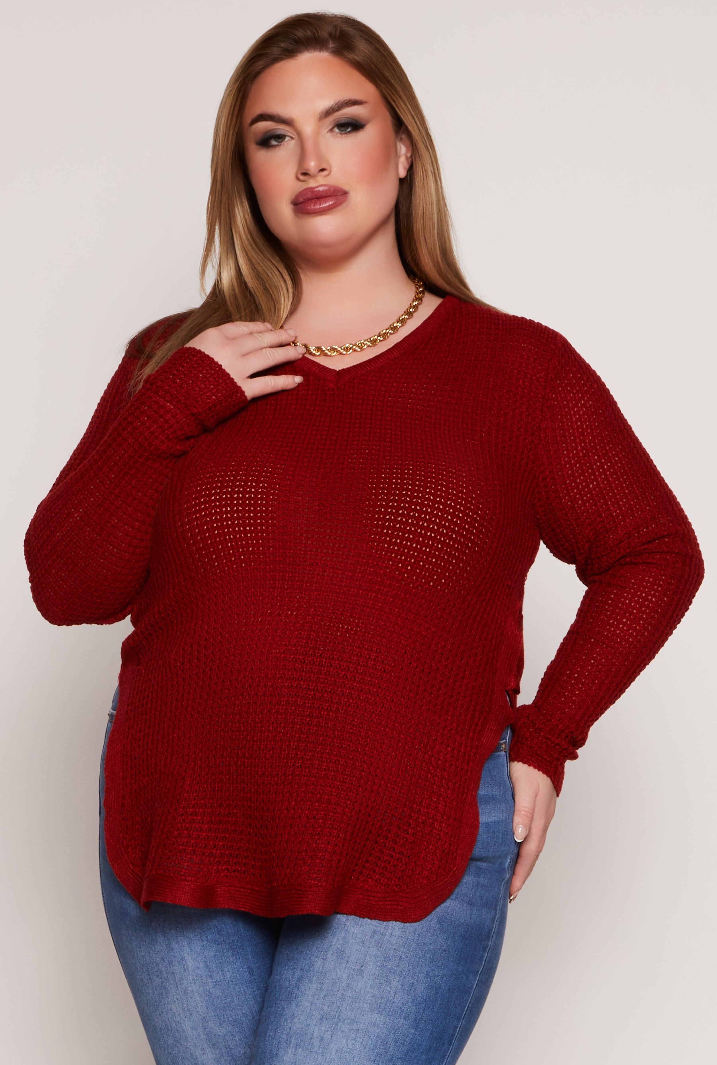 Womens Plus Size Waffle Knit Caged Side Sweater Product Image