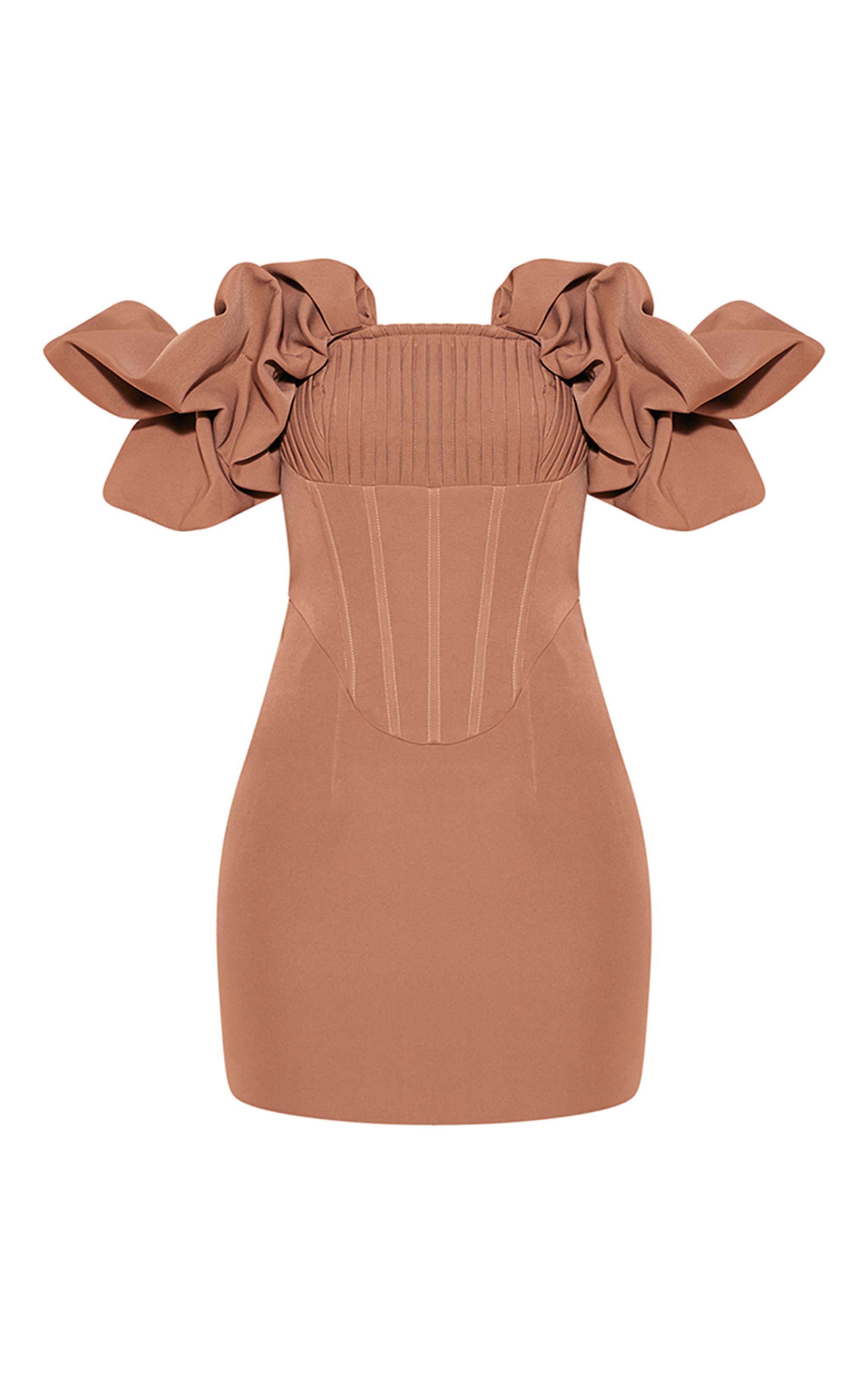 Mocha Pleated Corset Detail Puff Sleeve Bodycon Dress Product Image