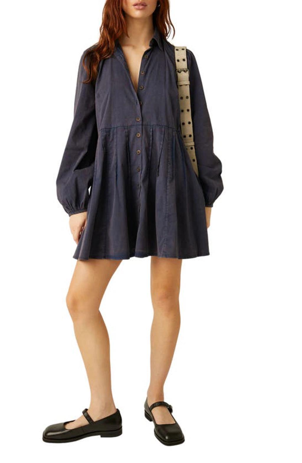 Marvelous Mia Long Sleeve Stretch Cotton Mini Shirtdress In Dried Indigo Product Image