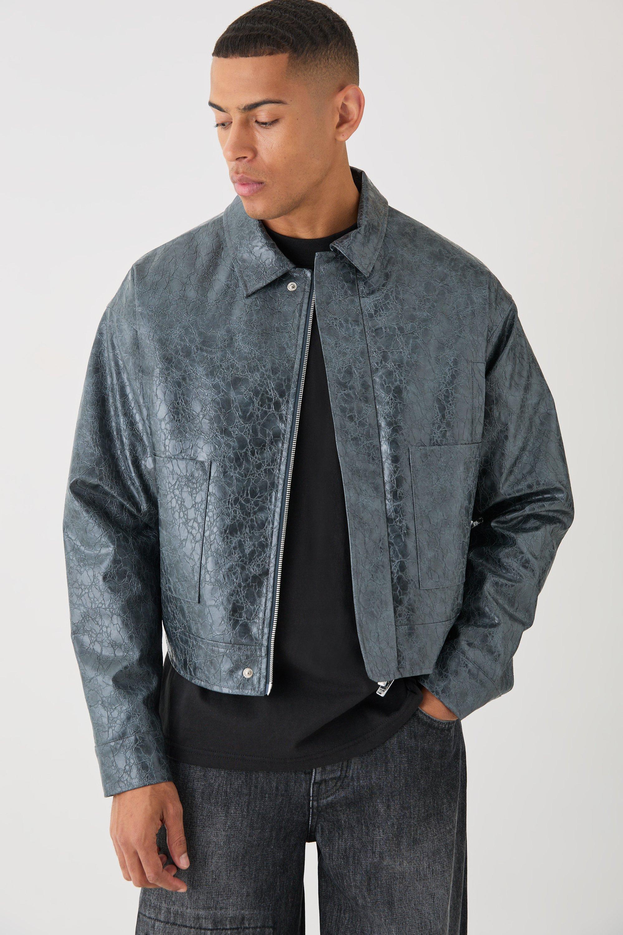 Boxy Textured Pu Harrington In Grey | boohooMAN USA Product Image