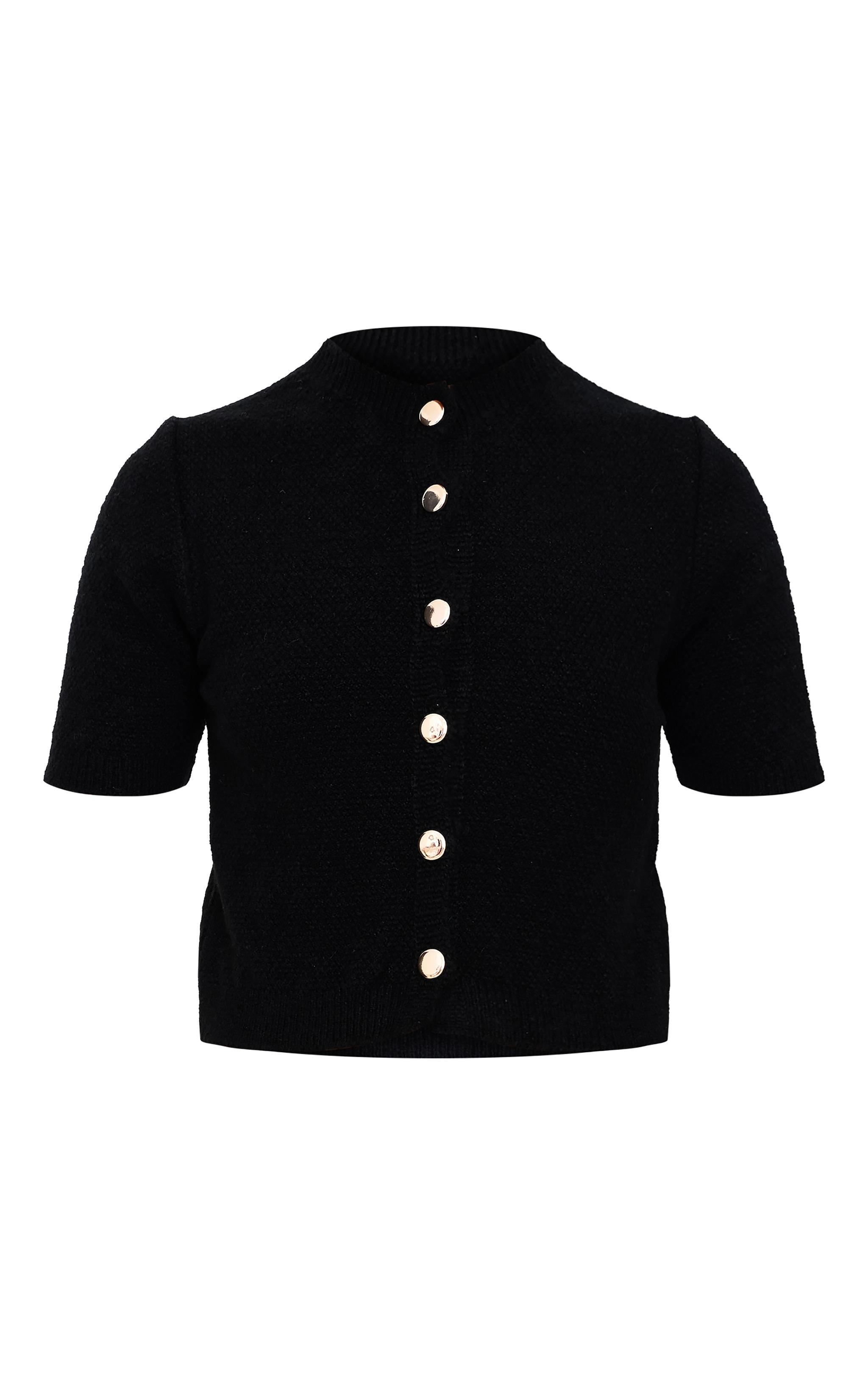 Black Button Up Cap Sleeve Boucle Knit Cardigan Product Image