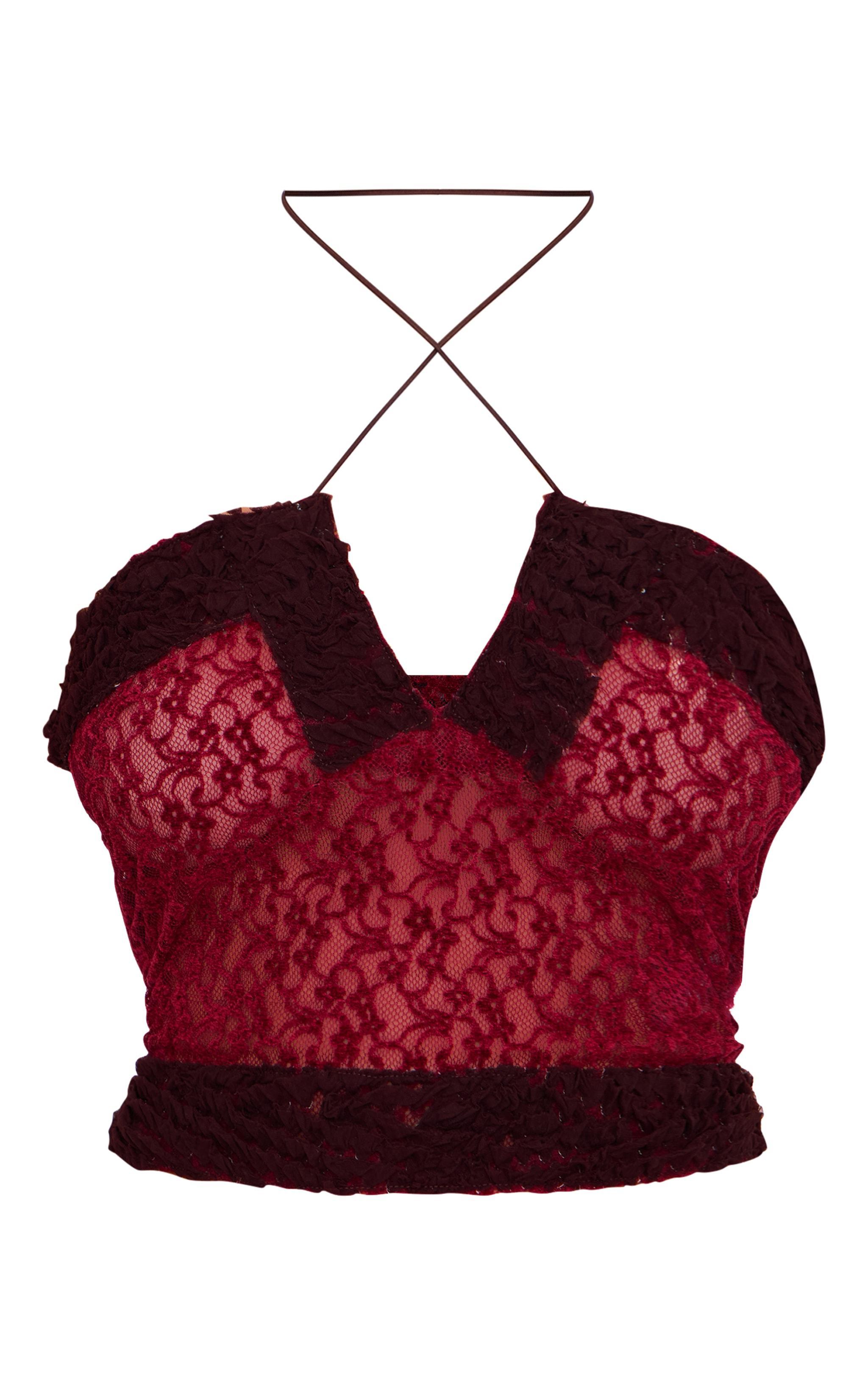 Burgundy Textured Lace Contrast Detail Top Product Image