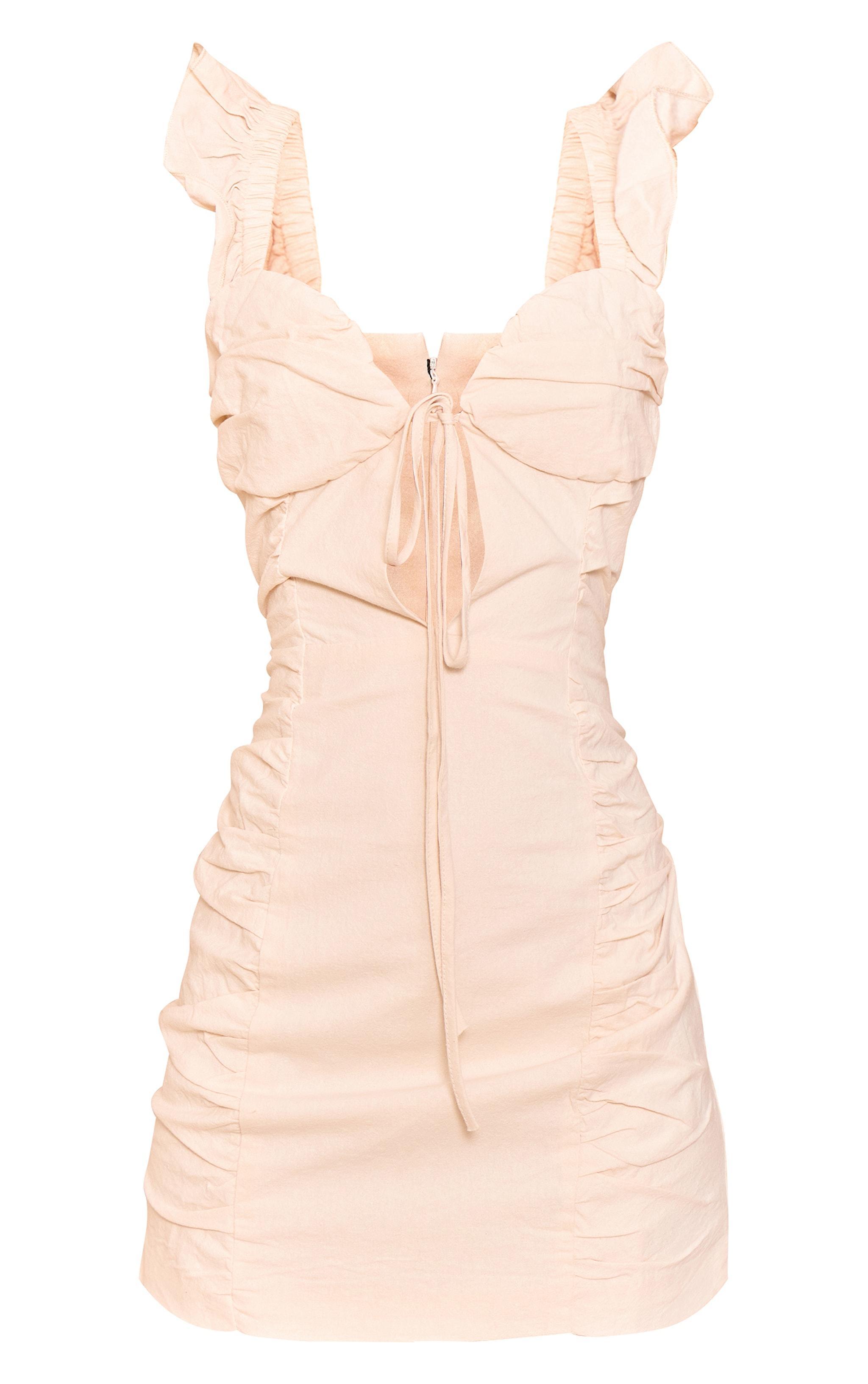 Cream Ruched Frill Strap Bodycon Dress Product Image