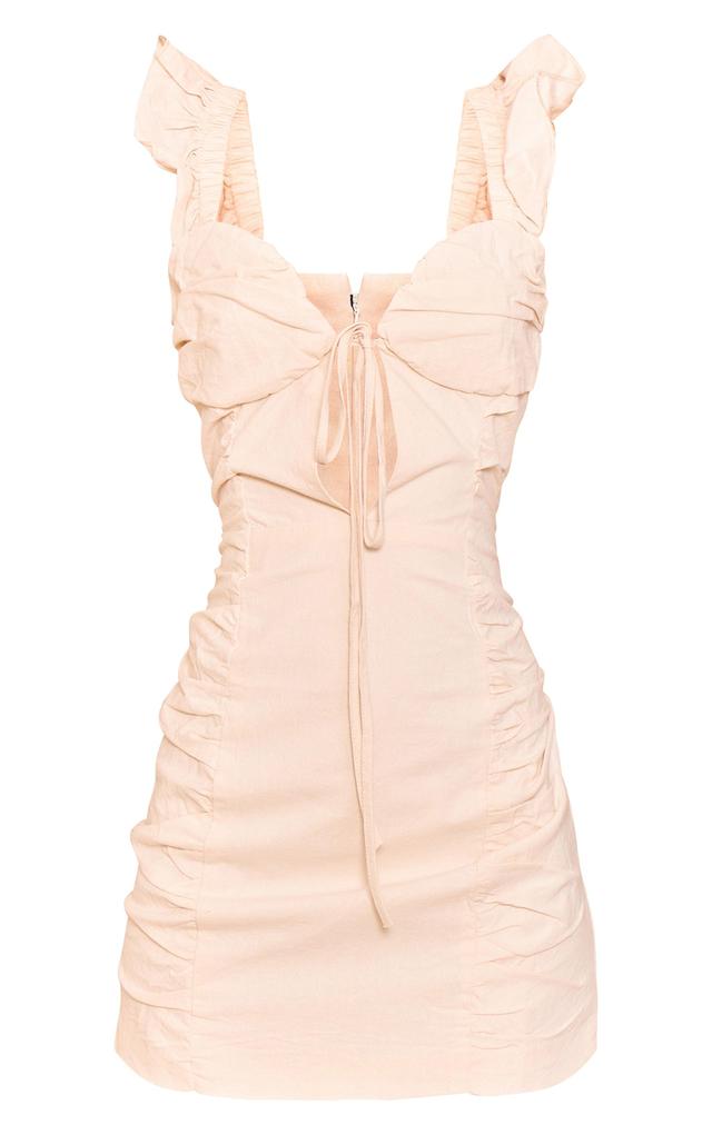 Cream Ruched Frill Strap Bodycon Dress Product Image