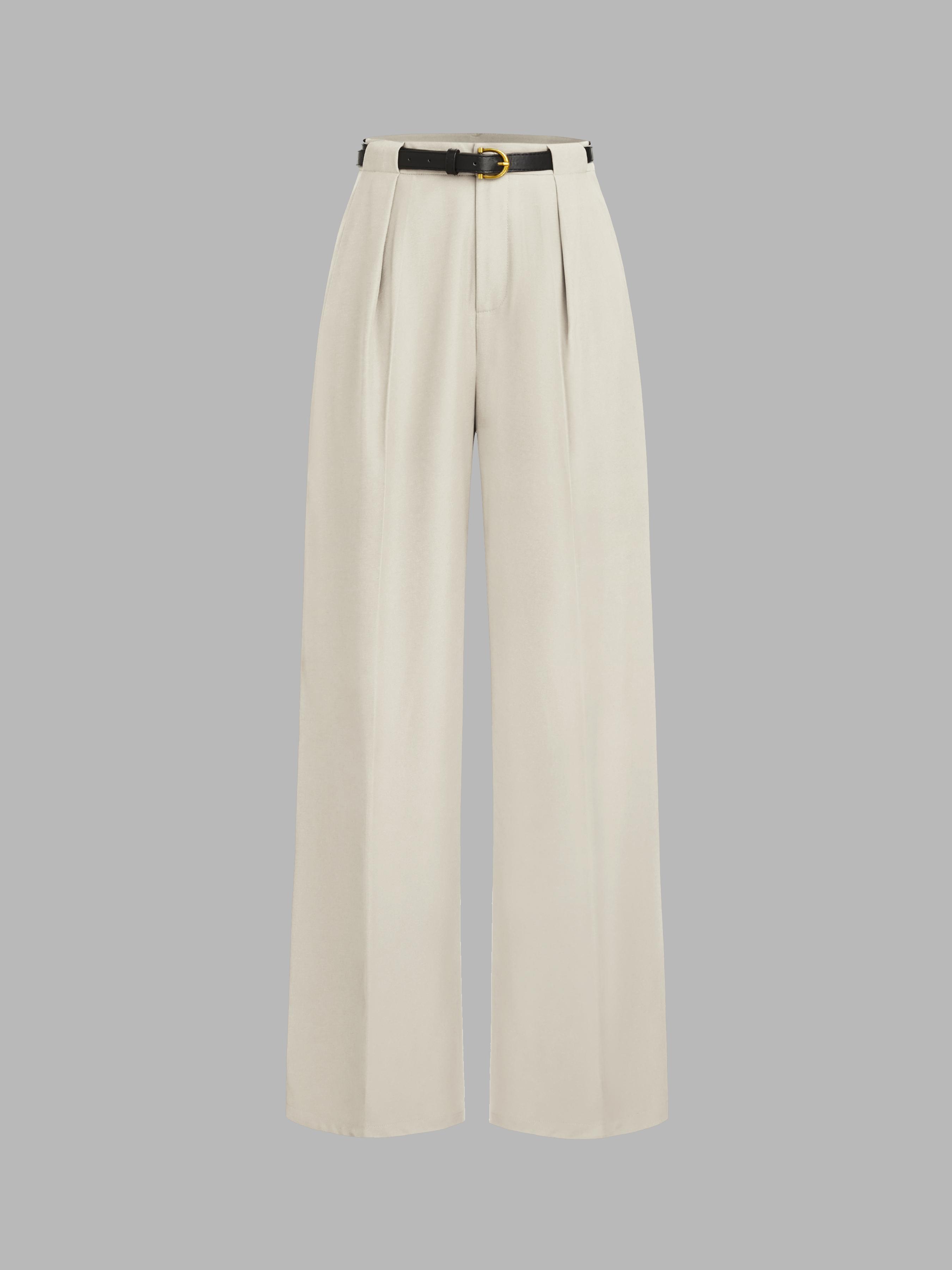 Mid Waist Solid Pocket Straight Leg Trousers With Belt Product Image