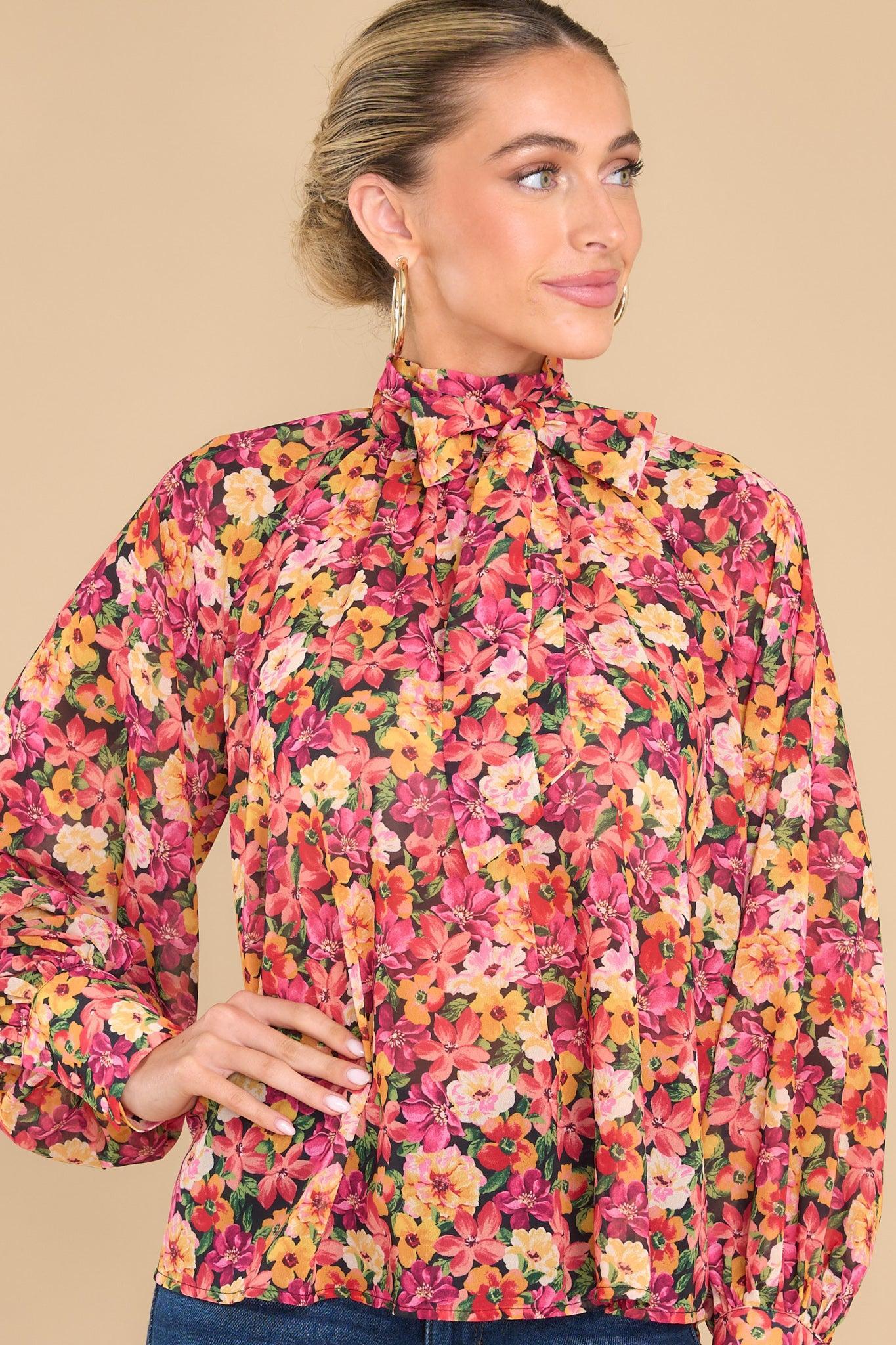 Aura Beautiful Borders Pink Multi Floral Print Chiffon Top Product Image