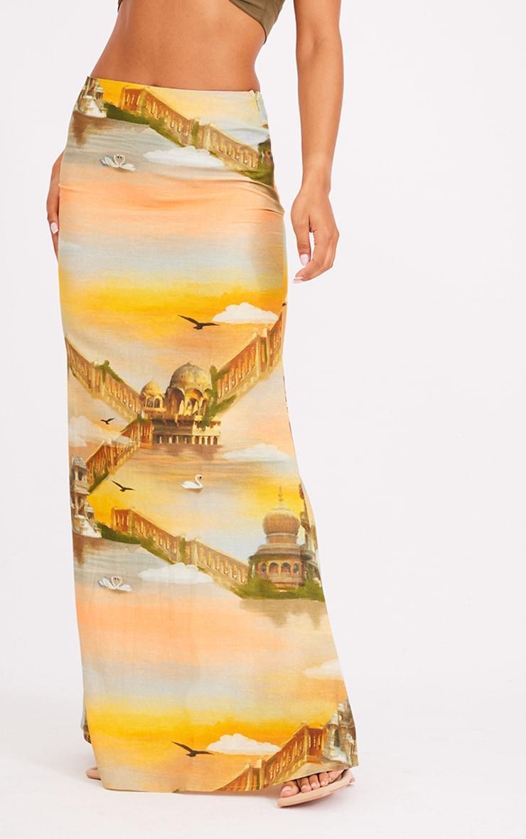 Orange Sunset Printed Linen Look Maxi Skirt Product Image