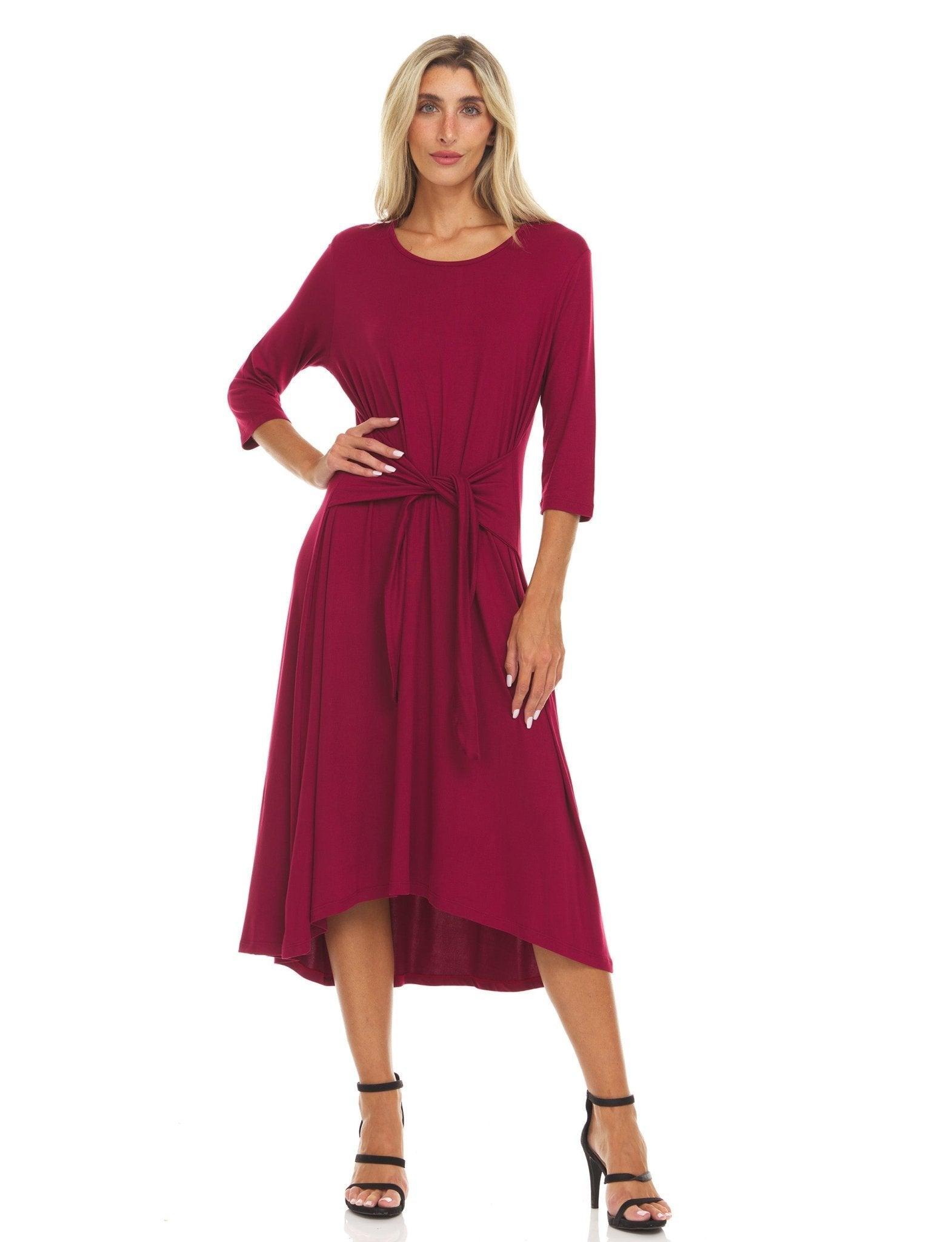 Three-quarter sleeves solid colors scoop neck midi dress with self tie belt Product Image