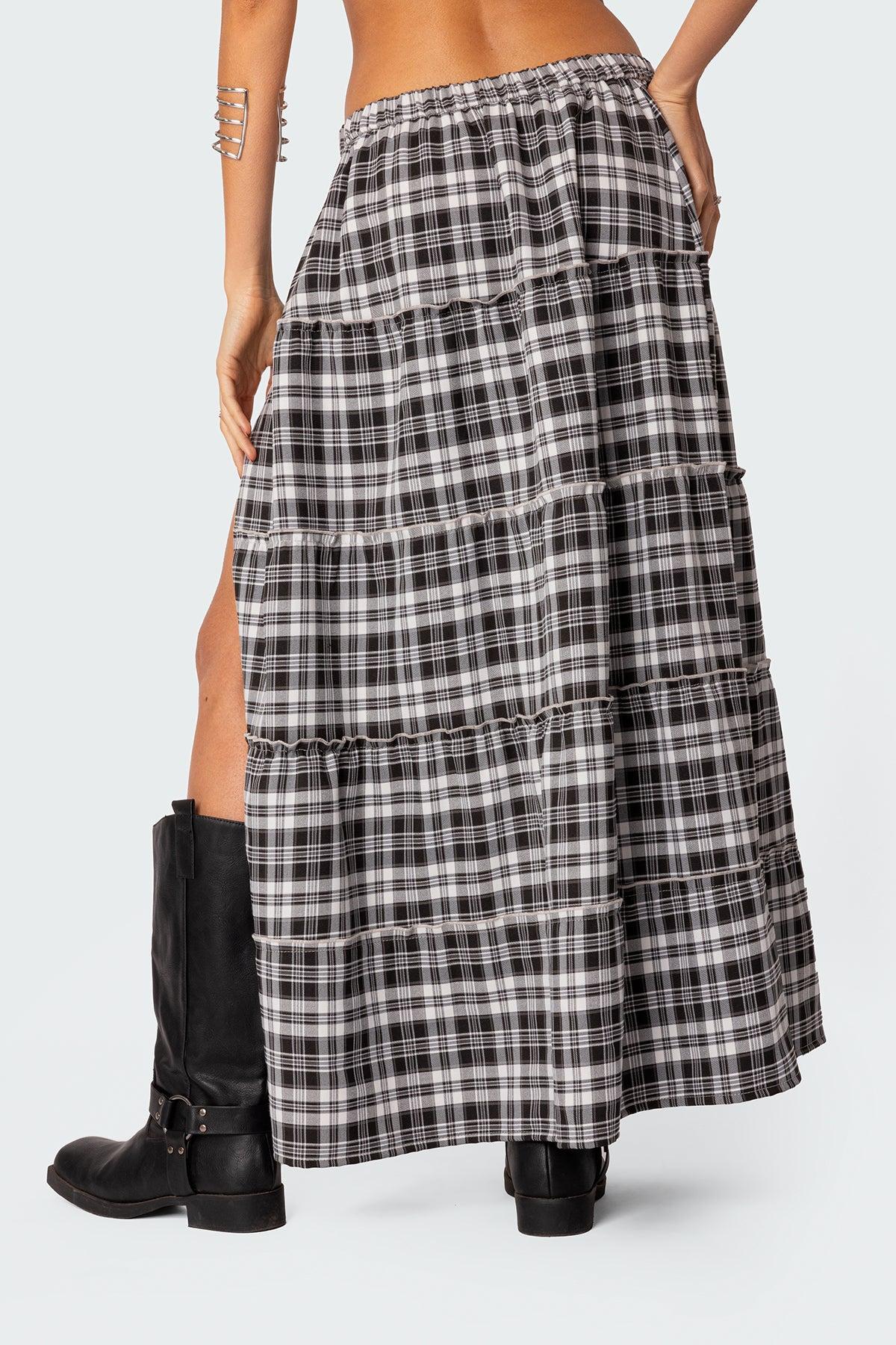 Plaid Side Slit Tiered Maxi Skirt Product Image