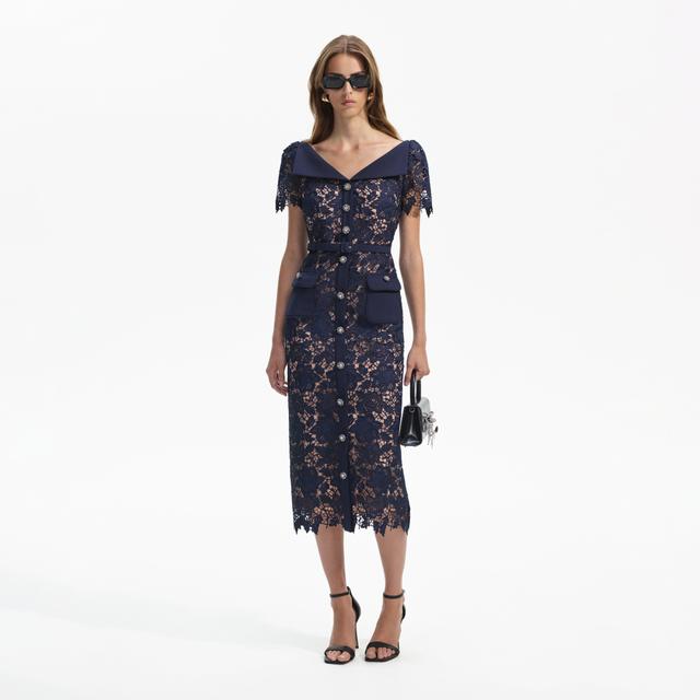 Navy Lace Open Neck Midi Dress Product Image