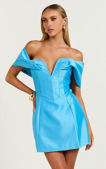 Jayce Mini Dress - Plunge Neck Off Shoulder Tulip Dress in Blue Product Image