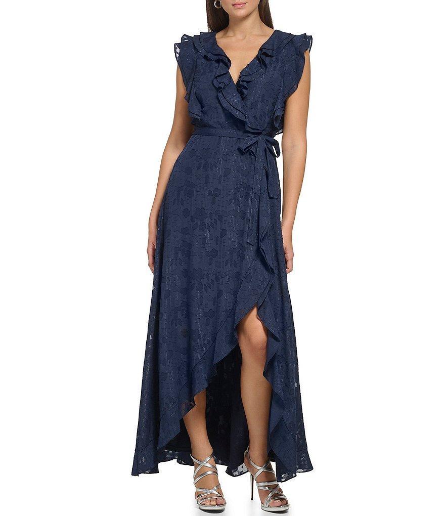 DKNY Printed V-Neck Sleeveless Faux Wrap Ruffled Trim High-Low Hem Gown product image