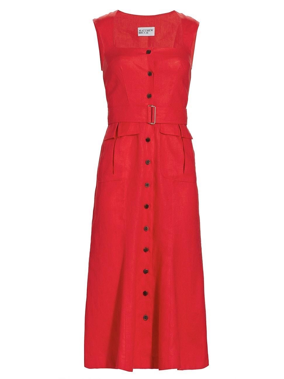 Womens Belted Square Neck Linen Midi-Dress - Red - Size Large product image