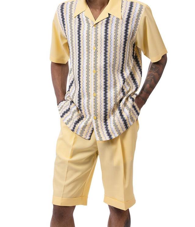 Canary Yellow Vertical Mini Plaid Walking Suit 2 Piece Set Short Sleeve Shirt with Shorts Product Image