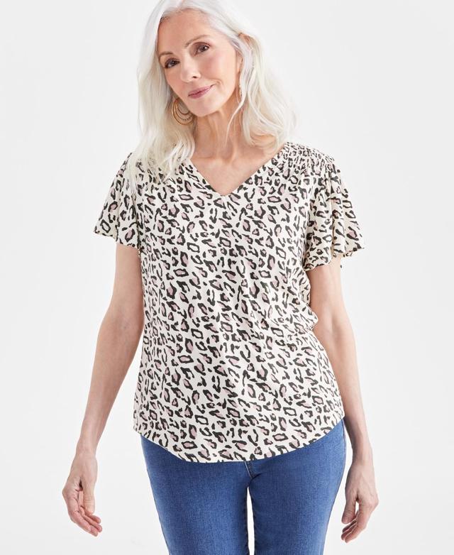 Women's Printed Smocked-Shoulder V-Neck Top, Created for Macy's  Product Image