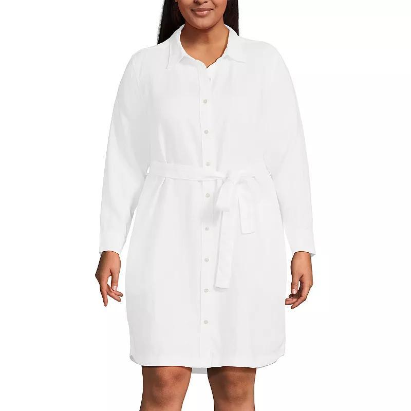 Plus Size Lands End Linen Long Sleeve Button-Front Midi Shirt Dress, Womens Product Image