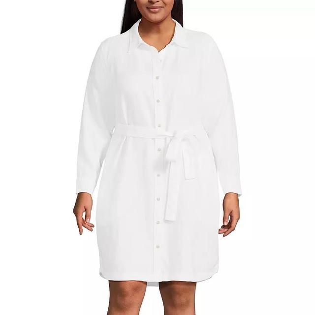 Plus Size Lands End Linen Long Sleeve Button-Front Midi Shirt Dress, Womens Product Image