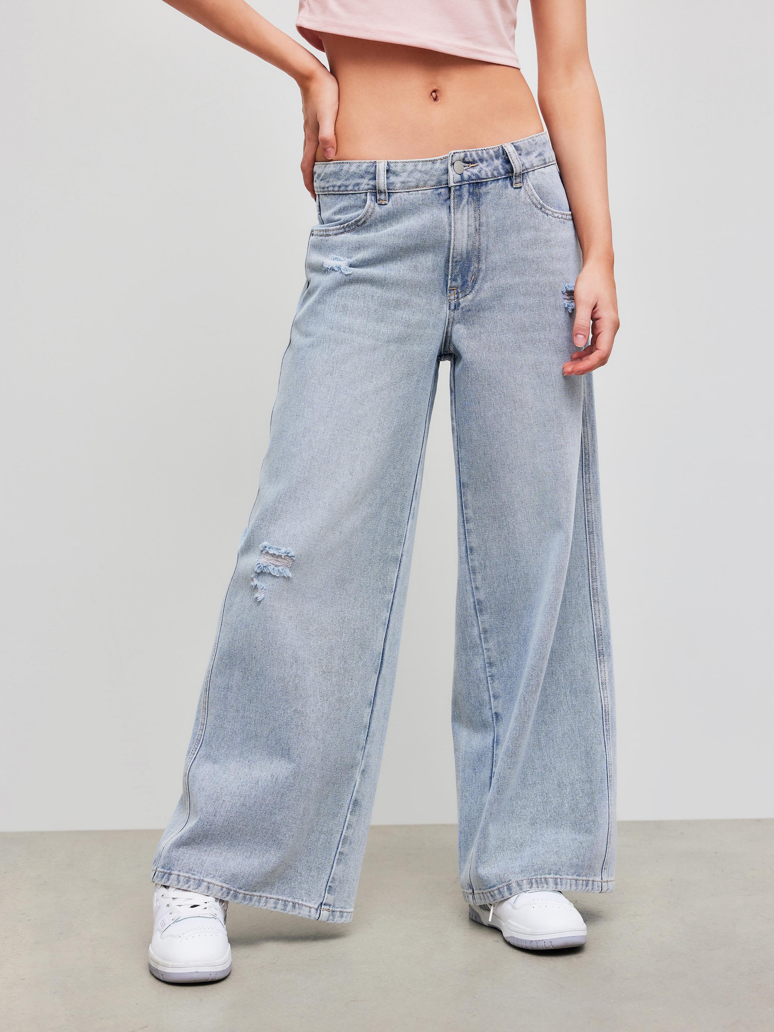 Denim Mid Rise Solid Wide Leg Jeans product image