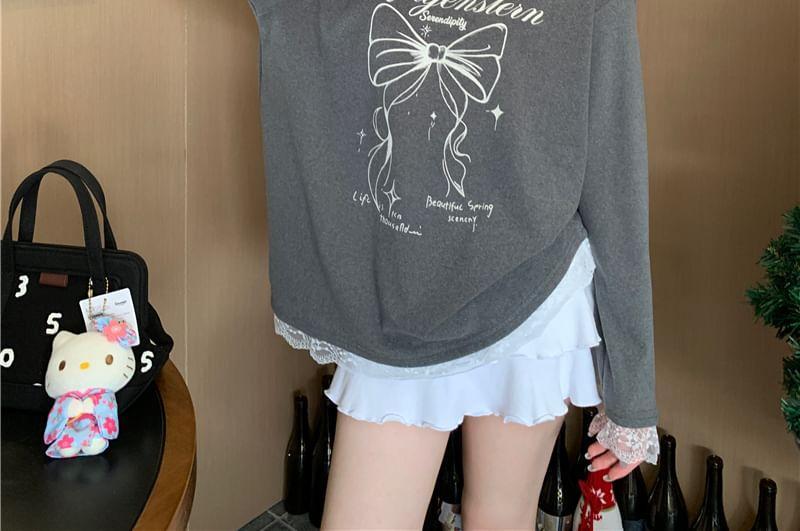 Long-Sleeve Crew Neck Lettering Bow Print Lace Trim Tee Product Image