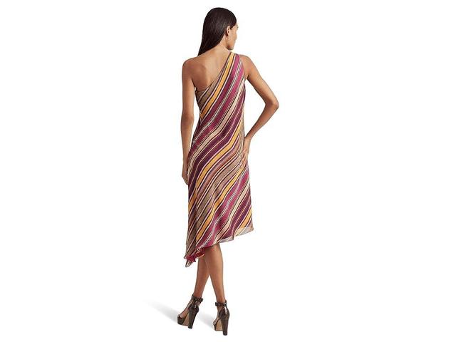 LAUREN Ralph Lauren Striped Georgette One-Shoulder Dress (Fuchsia/Cream/Multi) Women's Dress Product Image