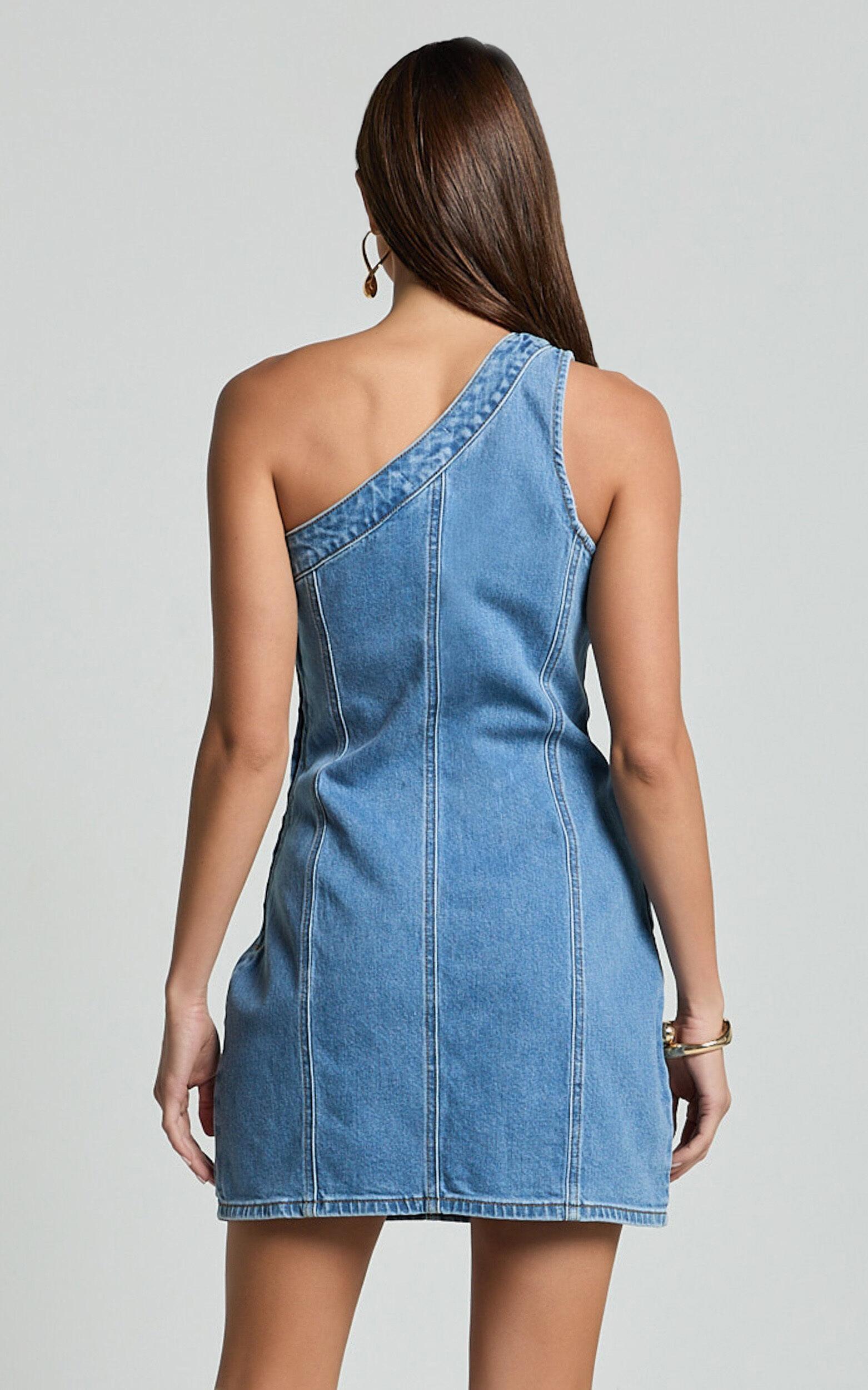 Harmony Mini Dress - One Shoulder Bodycon Recycled Denim Dress in Mid Blue Wash Product Image