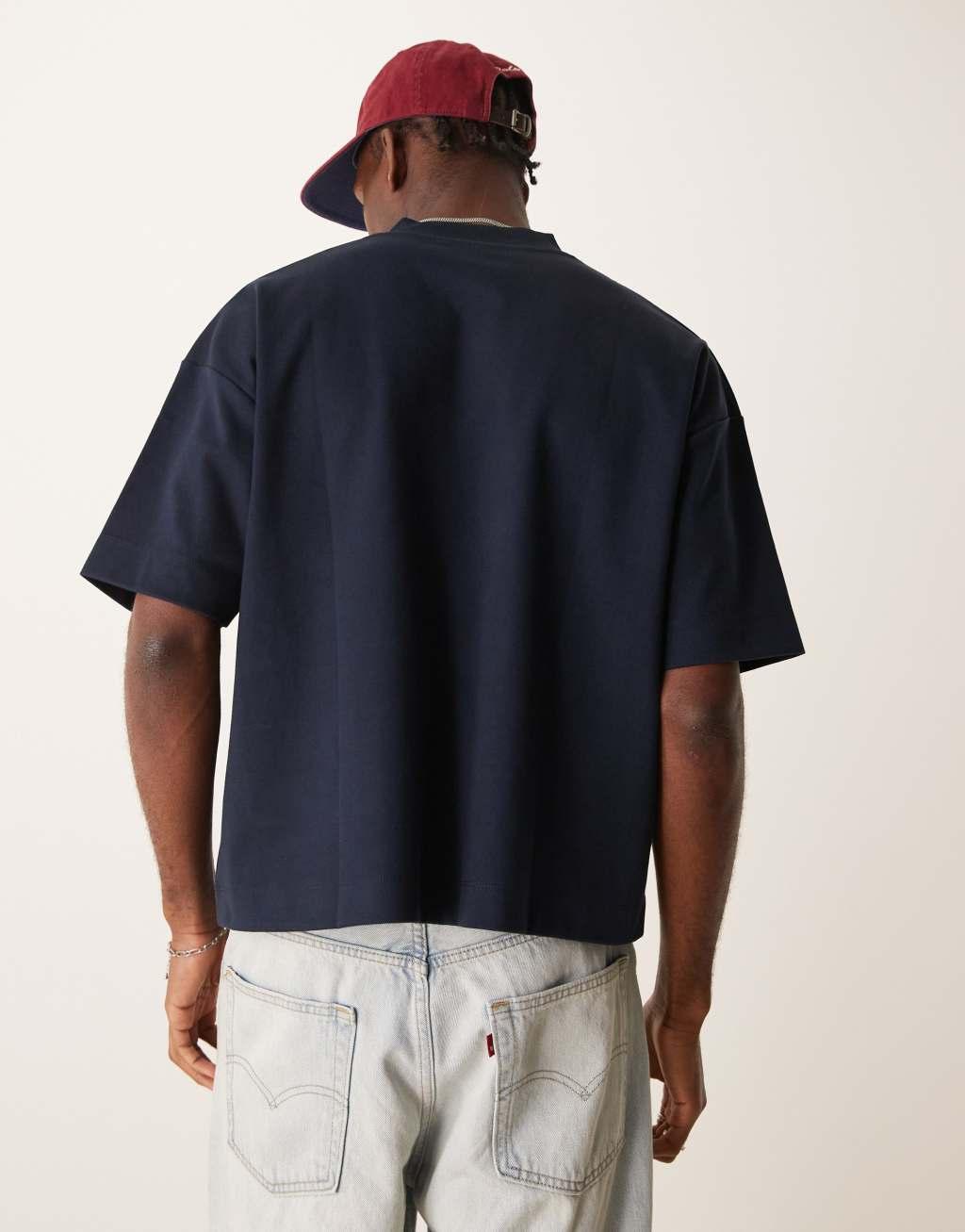 ASOS DESIGN oversized boxy t-shirt in heavyweight 300gsm dark blue with cut and sew panel Product Image