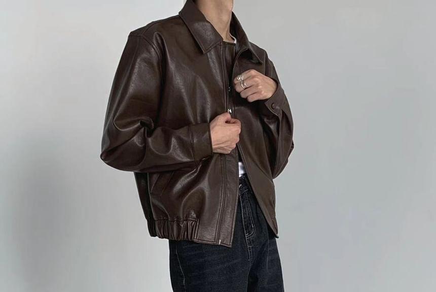 Collared Plain Zip-Up Faux Leather Jacket Product Image