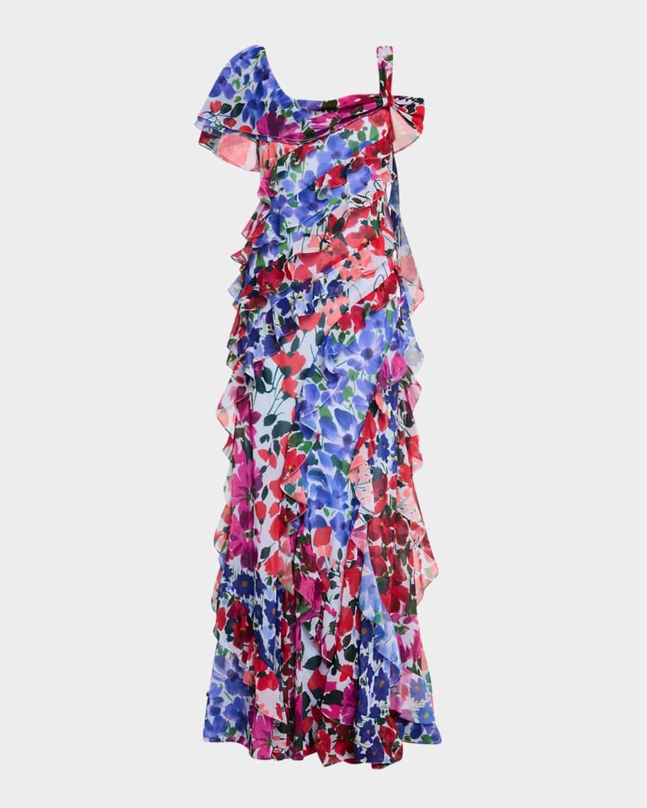 One-Shoulder Multi-Floral Ruffle Gown Product Image