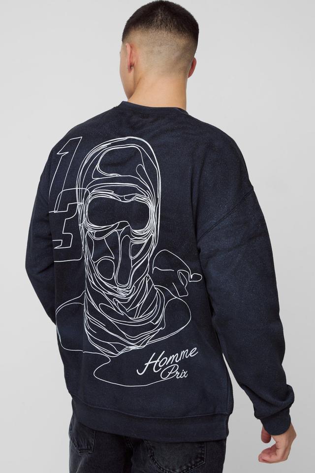 Moto Mask Line Drawing Graphic Spray Washed Sweatshirt | boohooMAN USA Product Image