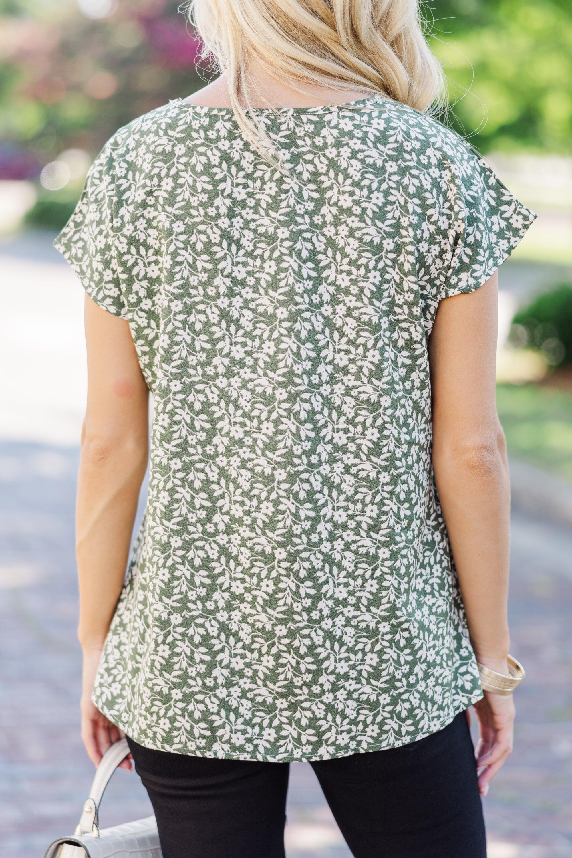 Hello Beautiful Olive Green Floral Cap Sleeve Top Female Product Image