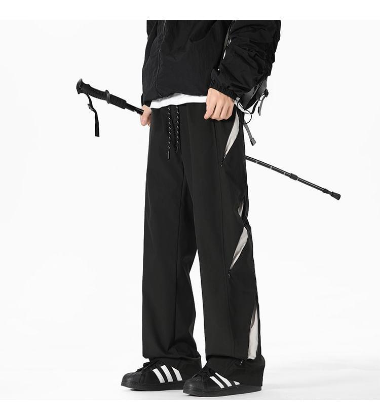 Drawstring Waist Two Tone Zip Panel Straight Leg Pants Product Image