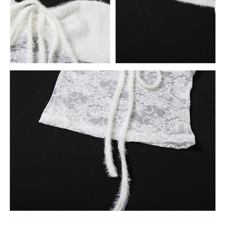 Set: Plain Cropped Cardigan + Lace Panel Tube Top Product Image