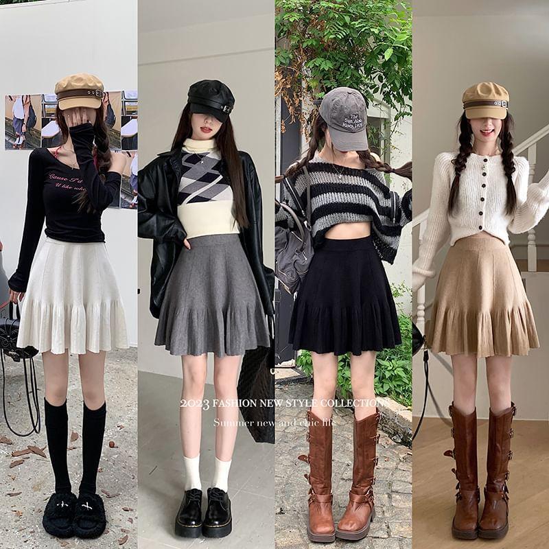 High Waist Plain Mini A-Line Knit Skirt Product Image