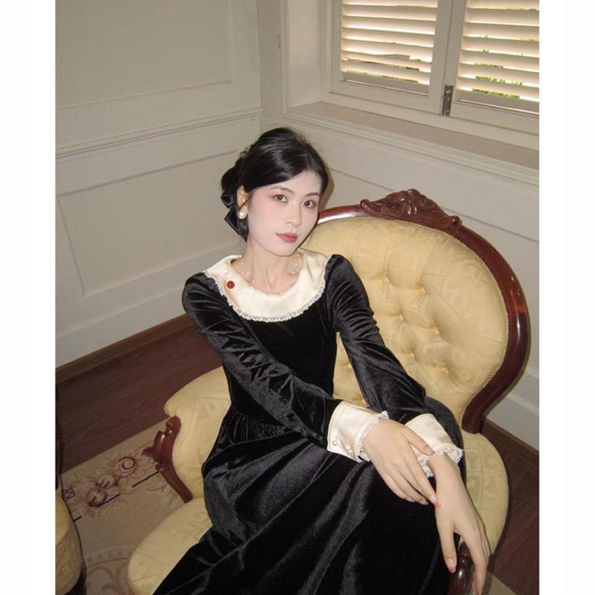 Long-Sleeve Collar Two Tone Velvet Midi A-Line Dress Product Image