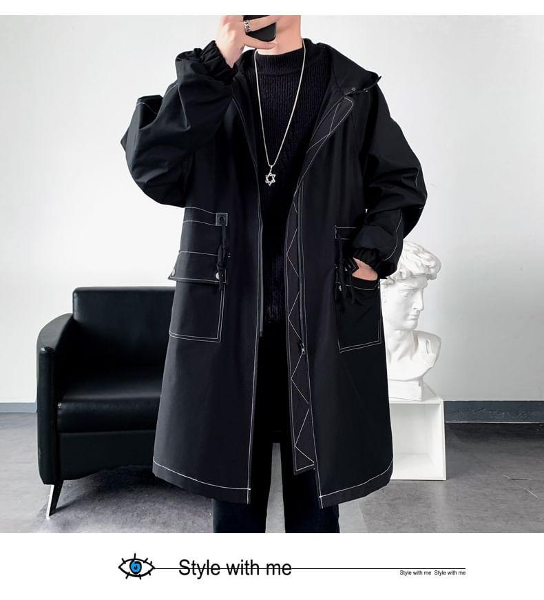 Plain Contrast Stitching Hooded Midi Zip Coat Product Image