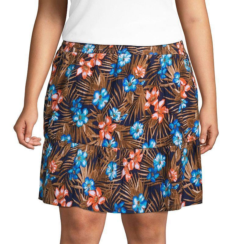 Plus Size Lands End Crinkle Pull-On Tiered Skirt, Womens Blue Tropic Palm product image