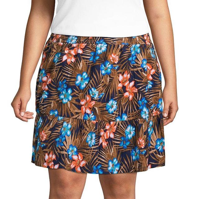 Plus Size Lands End Crinkle Pull-On Tiered Skirt, Womens Blue Tropic Palm Product Image